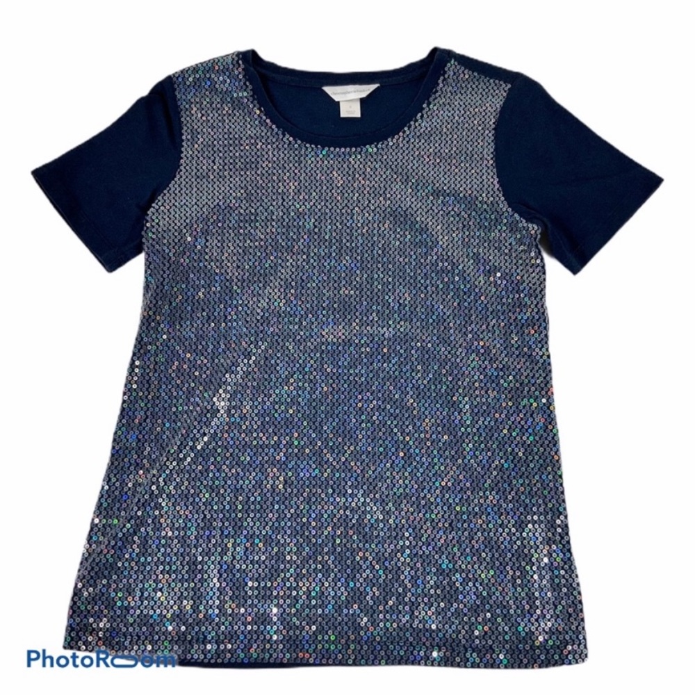 Christopher & Banks Navy Sequin Top. SZ. SM.